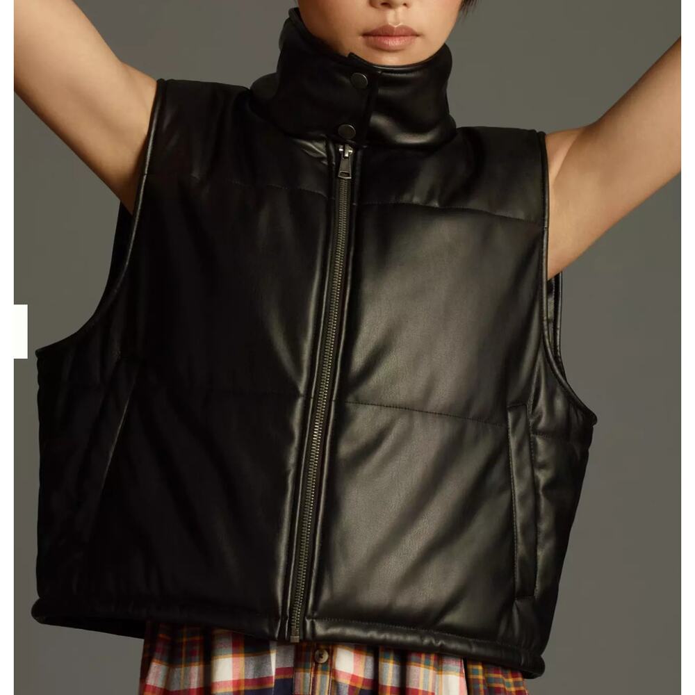 Anthropologie Faux Leather Puffer Vest Black Cropped Full Zip Pockets Size Small - Picture 10 of 11